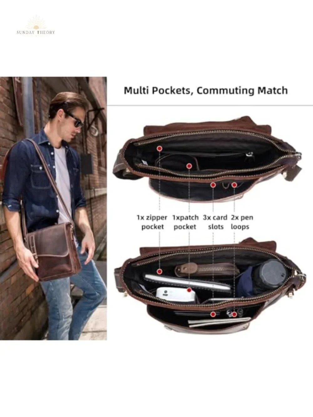 Vintage Full Grain Leather Messenger Bag Crossbody for Men Women with Tablet